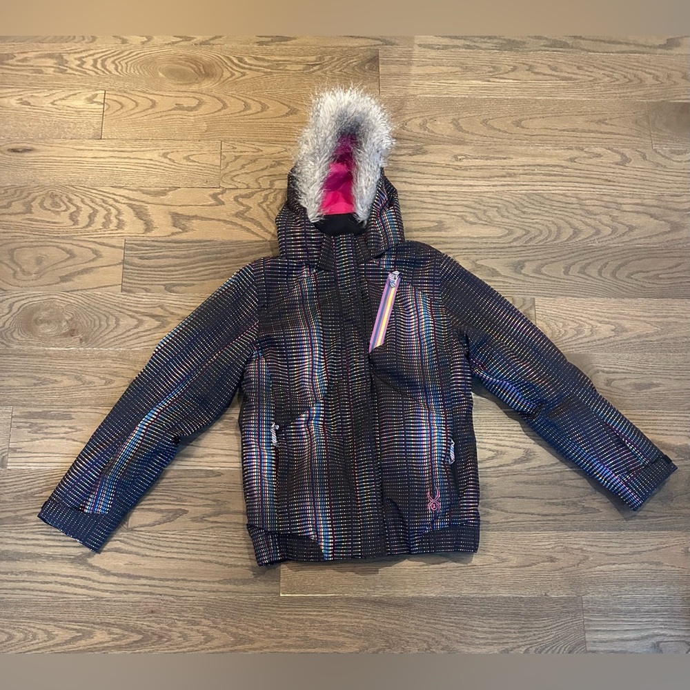Spyder Girls Lola Jacket Size 18 Black Prism Print Winter Coat Fur Hood Ski